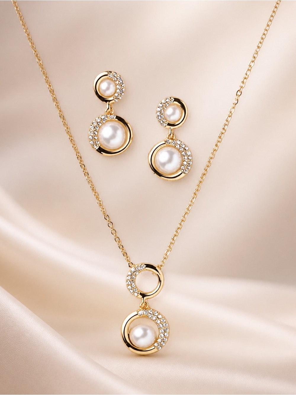 Avon Gold Pearl and Crystal Drop Necklace & Earrings Set